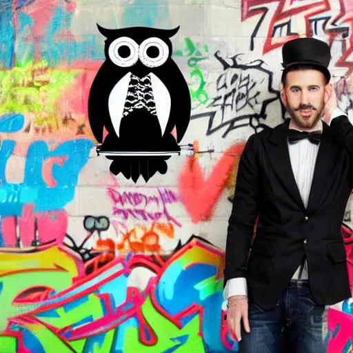 Image similar to gentleman owl with black biker jacket, portrait photo, crayon outline, wall with colorful graffiti, studio photo, suit, bow tie, tophat