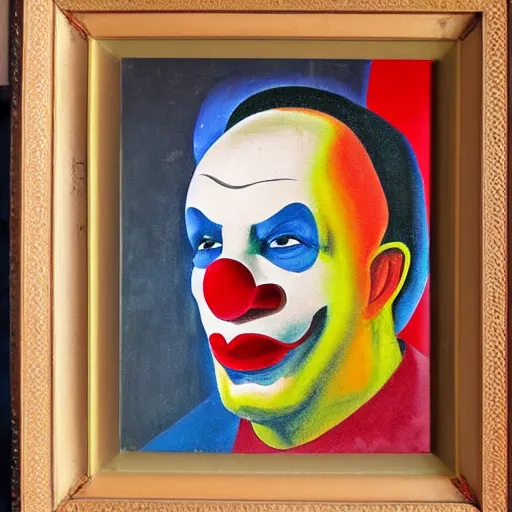 Image similar to communist clown portrait, soviet propaganda painting, vivid colors