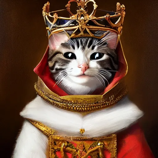 Prompt: an oil painting portrait of a cat wearing medieval royal robe and an ornate crown on a dark background, digital Art, concept Art, highly detailed, 3-D 4K, trending on art station, Award winning, Mark Brooks