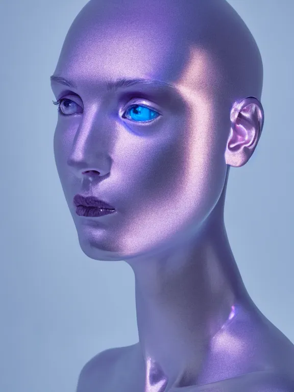 Image similar to an ultra high definition professional studio quality photograph of a transparent iridescent perspex pastel coloured face visor on a white sculpture of a human form in an empty white room. dramatic lighting, ray tracing, refraction, shallow d. o. f, colour corrected, golden ratio, three point light. volumetric shadows. light rays.