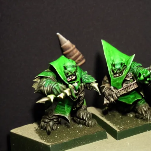 Image similar to night goblin wearing pointy hoods, warhammer fantasy, green skin