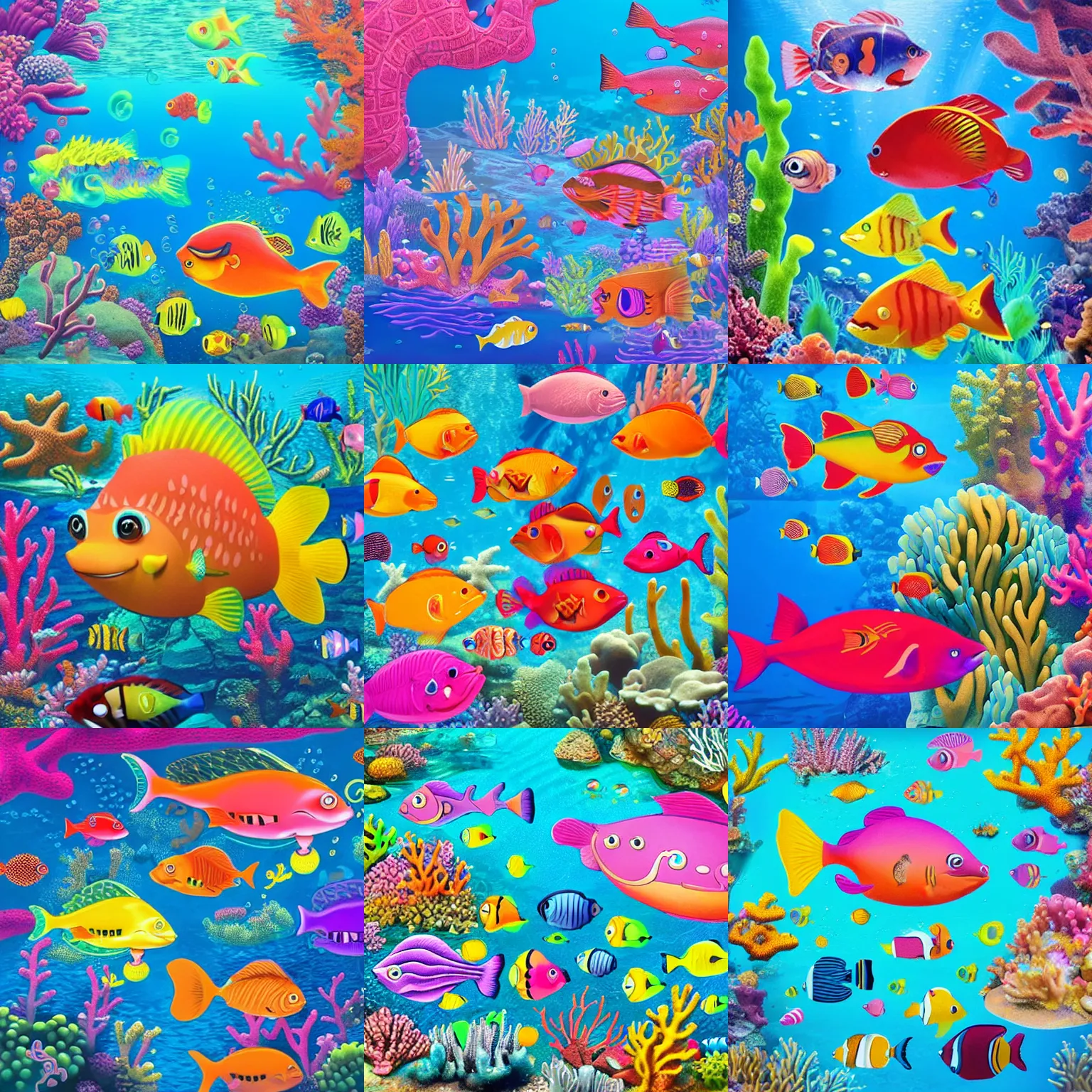 Prompt: an underwater utopia built on the back of a long lost ruined civilization that is filled with anthropomorphic fish citizens, lisa frank, bubbles, coral, fish, atmospheric, aesthetic, paradise, high resolution