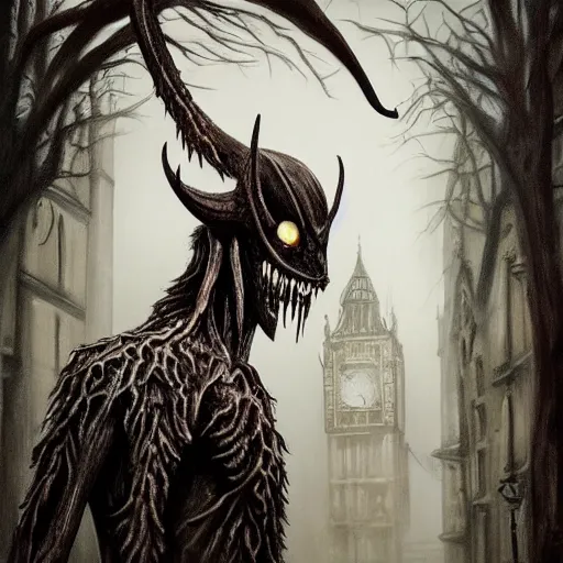 Prompt: terrifying wendigo walking through the center of old london city, oil painting, gloomy misty atmosphere, symmetrical, full body image, highly ornate intricate details, very sharp photo,