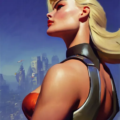 Image similar to greg manchess portrait painting of fully armored and armed margot robbie as overwatch character, close - up shot, asymmetrical, profile picture, organic painting, sunny day, matte painting, bold shapes, hard edges, street art, trending on artstation, by huang guangjian and gil elvgren and sachin teng