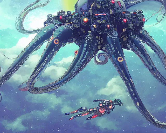 Prompt: beautiful picture of a giant mecha octopus, floating in space, anime style, art by Hajime Katoki, trending on artstation