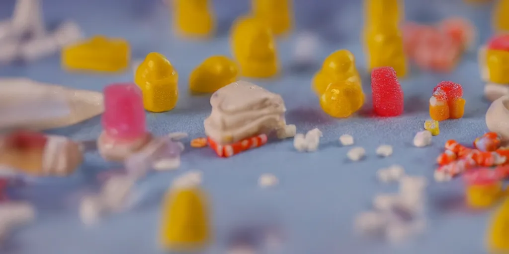 Image similar to a cinematic film still of a claymation stop motion film about a town made of lemons and candy, shallow depth of field, 8 0 mm, f 1. 8