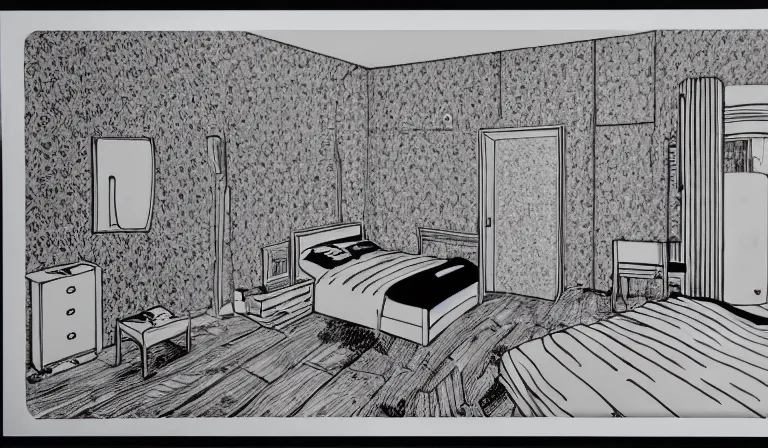 Prompt: A bedroom designed by Junji Ito, 35mm film, long shot