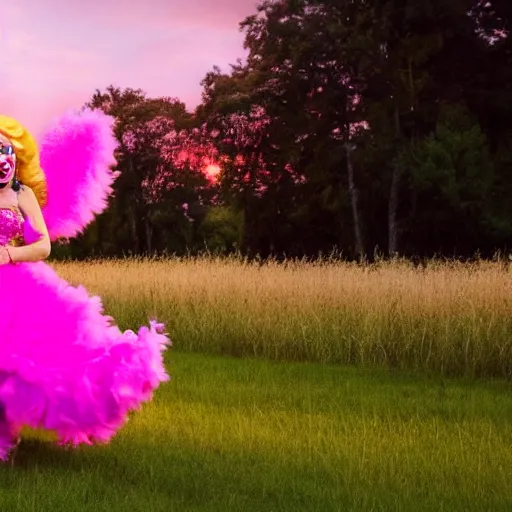 Prompt: the drag queen Trixie Mattel running through a field at sunset, fine art, 8k,