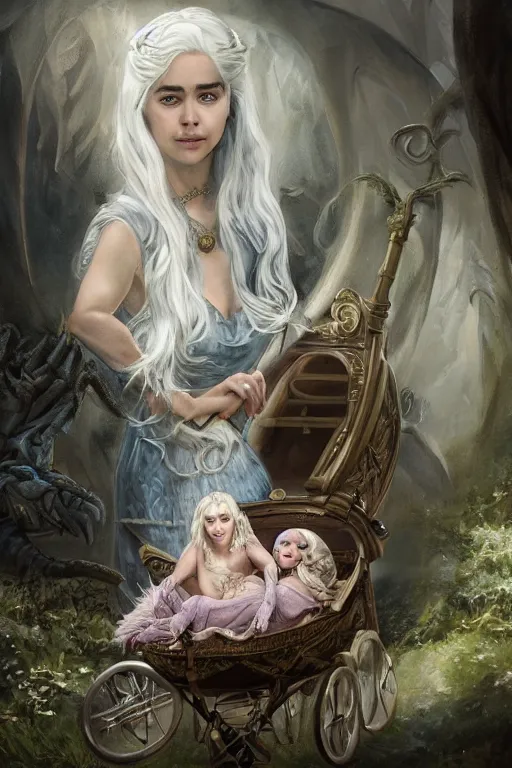 Image similar to A fantasy book style portrait painting of Daenerys Targaryen, as a Mystical Valkyrie, she is pushing a pram, there is a small dragon inside the pram, Atlantean Warrior, François Boucher, Oil Painting, unreal 5, DAZ, hyperrealistic, octane render, Regal, Refined, Detailed Digital Art, RPG portrait, William-Adolphe Bouguereau, Michael Cheval, Walt Disney (1937), Steampunk, Volumetric Golden dappled dynamic lighting, Highly Detailed, Cinematic Lighting, Unreal Engine, 8k, HD