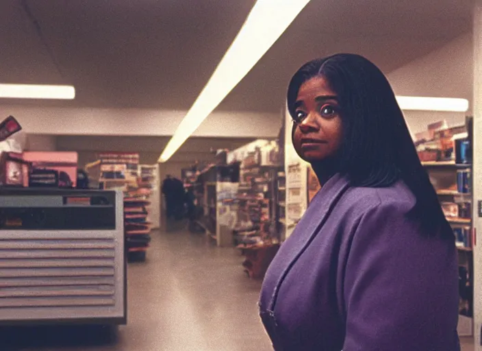 Image similar to cinematic shot of octavia spencer in an small used electronics store, iconic scene from the paranoid thriller sci fi film directed by stanley kubrick, anamorphic cinematography, beautiful composition, color theory, leading lines, photorealistic, volumetric lighting