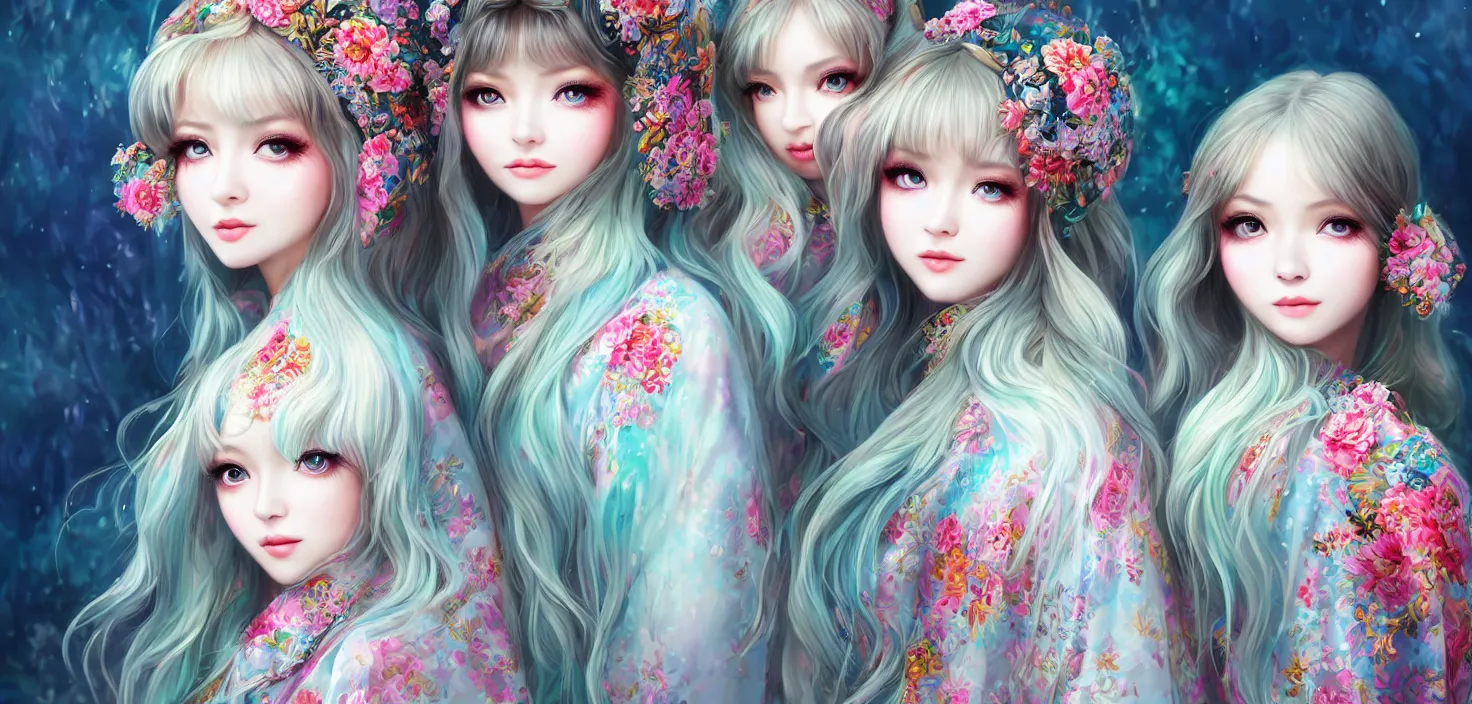 Image similar to two beautiful fashion siberian girls wear fantasy kimono in festival | | big eyes, sunny, dreamlike art, realistic shaded, smile, good looking, hyper details, 4 k realistic, cryengine, realistic shaded lighting poster by artgerm, ross tran, fuji choko, loish, 8 k resolution, trending on artstation, luxury