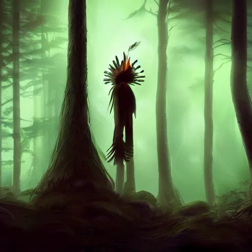 Image similar to medium shot native american, in a dark forest, mysterious, backlit, still from a pixar dreamworks movie, trending on artstation