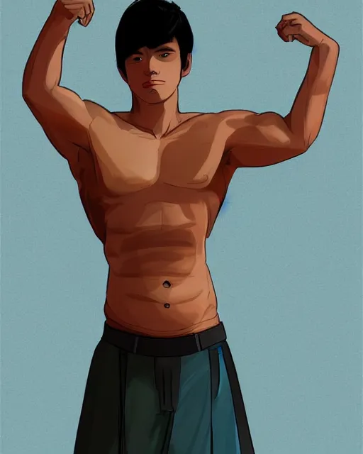 Prompt: Young male Asian protagonist wearing a sleeveless shirt and a big pregnant belly arching his back with one hand on his belly and another on his back, artstation, concept art