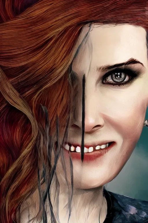 Image similar to mix of beautiful young maria shriver, mariel hemmingway, brooke shields, nicole kidman and elle macpherson as a vampire showing vampire teeth, ready to bite, thin lips, hair tied up in a pony tail, dark blonde hair, colorful, deviantart, artstation, cgsociety