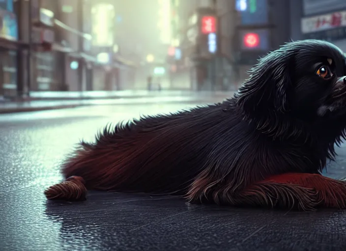 Image similar to a wholesome animation key shot of a black tibetan spaniel, laying down, sad, on a wet tokyo street, studio ghibli, pixar and disney animation, sharp, rendered in unreal engine 5, anime key art by greg rutkowski, bloom, dramatic lighting