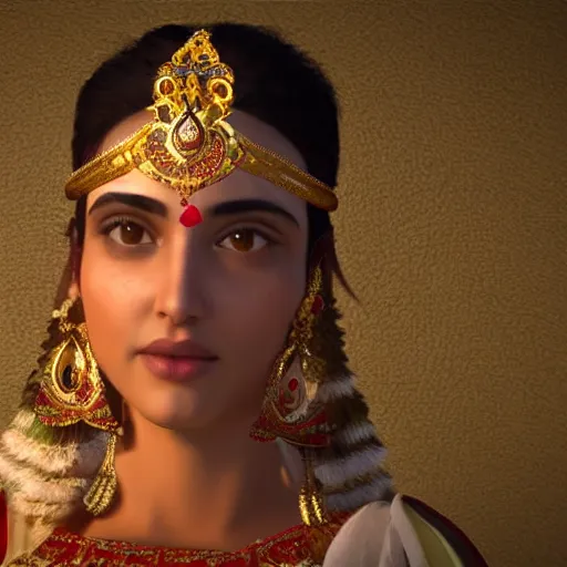 Prompt: a beautiful indian athletic slim female has a halo floating over her head like she was a holy person, the halo was made by a jeweler with gold with intricate details, unreal engine 5