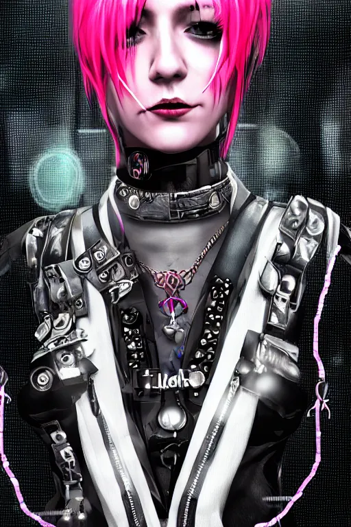 Image similar to detailed realistic female rock star cyberpunk wearing thick technological collar around neck, realistic, art, beautiful, 4K, collar, choker, collar around neck, punk, artstation, detailed, female, woman, choker, cyberpunk, neon, punk, collar, choker, collar around neck, thick collar, tight around neck, punk,