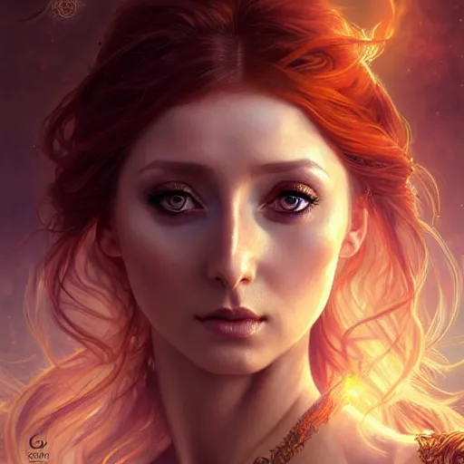 Image similar to Elçin Sangu as a fantasy magic woman portrait, sci-fi, amber eyes, face, long hair, fantasy, intricate, elegant, highly detailed, digital painting, artstation, concept art, smooth, sharp focus, illustration, art by artgerm and greg rutkowski and alphonse mucha