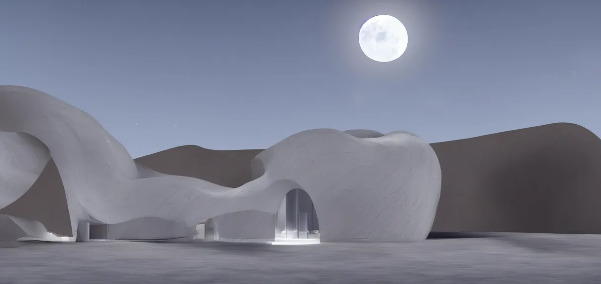 Prompt: a cresent moon in the sky shining on a white museum by zaha hadid in the desert, cinematic, render in unreal engine 5