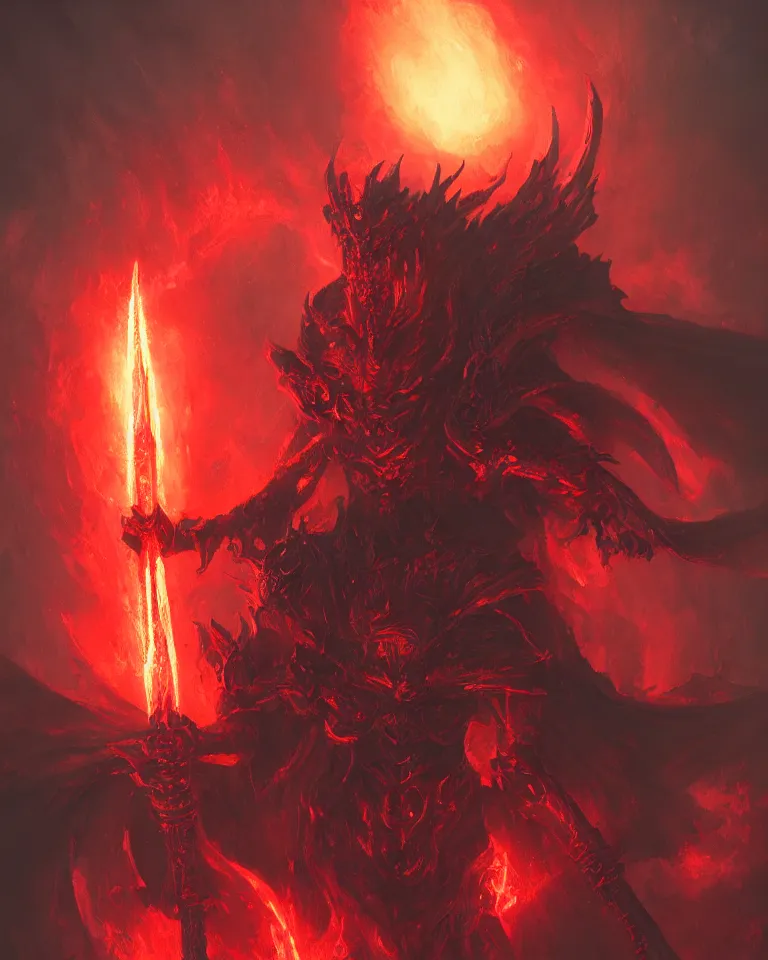 Image similar to portrait of a demonic hell priest holding a staff with red flames, techno - organic armour, black dragon in background, artstation, greg rutkowski, matte painting, 4 k, concept art