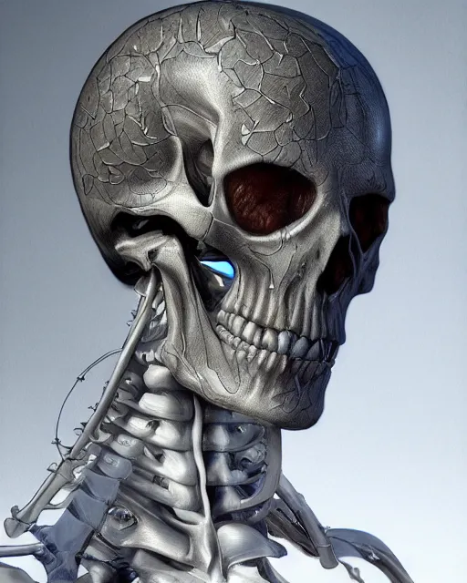 Prompt: ultra realistic illustration, male skeleton, sci - fi, fantasy, intricate, elegant, highly detailed, digital painting, artstation, concept art, smooth, sharp focus, illustration, art by hajime sorayama!!!