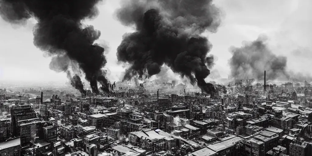 Prompt: dieselpunk city skyline engulfed in flames, clouds of smoke, puffs of smoke, large explosions, wide angle shot, 120 black and white film