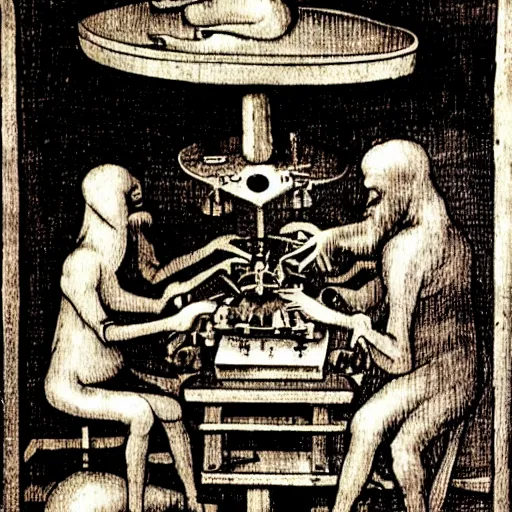 Image similar to An occult machine making copies of a funny little creature by Hieronymus Bosch