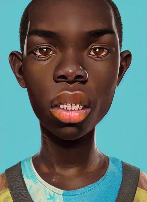 Image similar to colourful upper half portrait of an african boy with exaggerated facial features - art by aya takano & hsiao - ron cheng, highly detailed, caricature, digital painting, illustration, smooth, sharp focus, intricate, symmetry, pinterest, behance, artstation