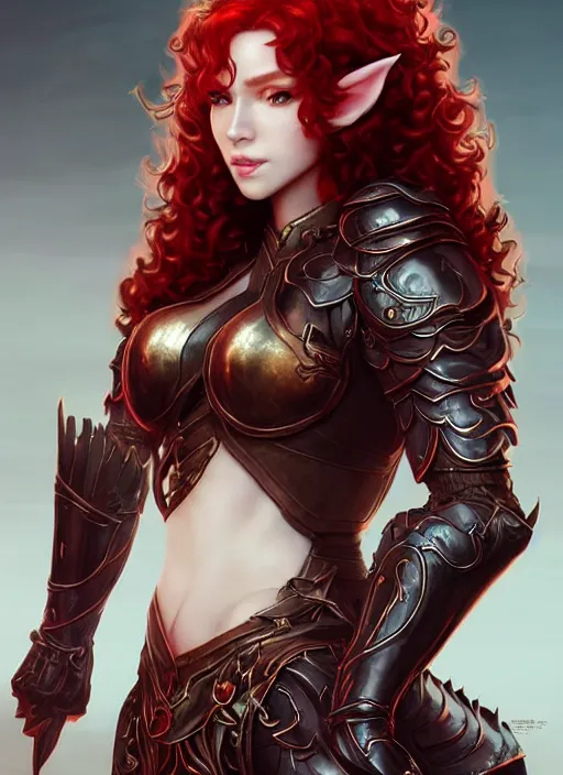 Prompt: leather armor!!! beautiful and elegant curly red hair female elf!! gorgeous ayes!! character concept art, sharp focus, octane render! unreal engine 5! highly rendered!! trending on artstation!! detailed linework!! illustration by artgerm, wlop, and chie yoshii