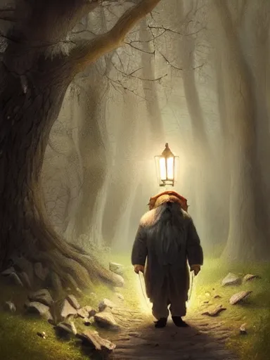 Prompt: a sad old master heremit, full white beard, walking with a lantern and a staff tought the woods. intricate, elegant, highly detailed, digital painting, artstation, concept art, sharp focus, illustration, by justin gerard and artgerm, 8 k