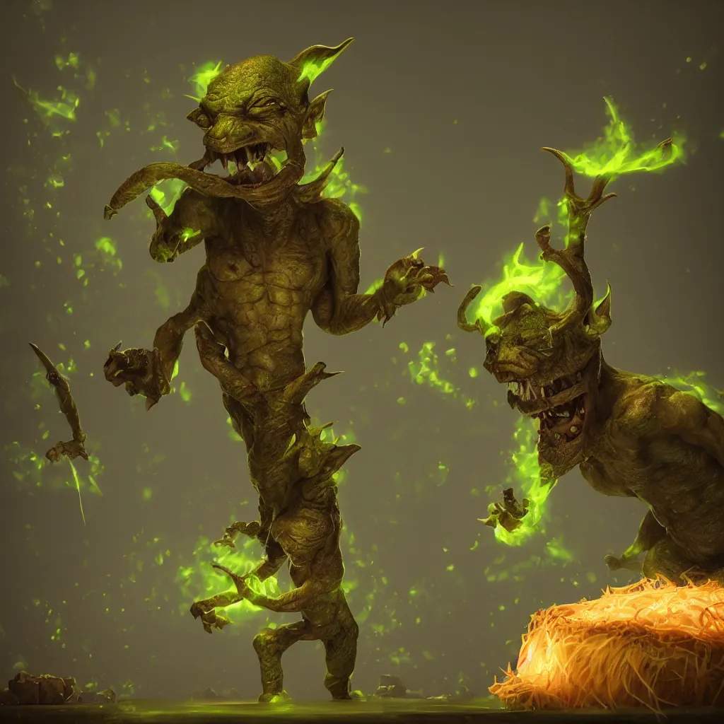 Prompt: Photorealistic fantasy goblin with cheese. Ominous green mist in the background. Magical occult photorealism, UHD, amazing depth, glowing, golden ratio, 3D octane cycle unreal engine 5, volumetric lighting, cinematic lighting, cgstation artstation concept art