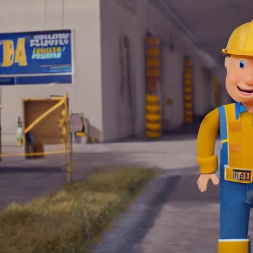 Image similar to bob the builder as a real life human person super realistic, shot from cinematic, hyper detailed, ultra realistic 4k trending on artstation