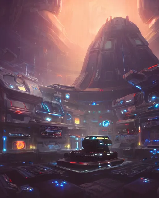 Prompt: cult of technology, exterior of scifi temple, machines, robots, ultra realistic, gaming computers, highly detailed, simulation, atmosphere, masterpiece, epic lighting, glowing wires, transparent objects, mysterious, highlighted, 4 k, cinematic, art by patryk olkiewicz and chris ostrowski and liang yao