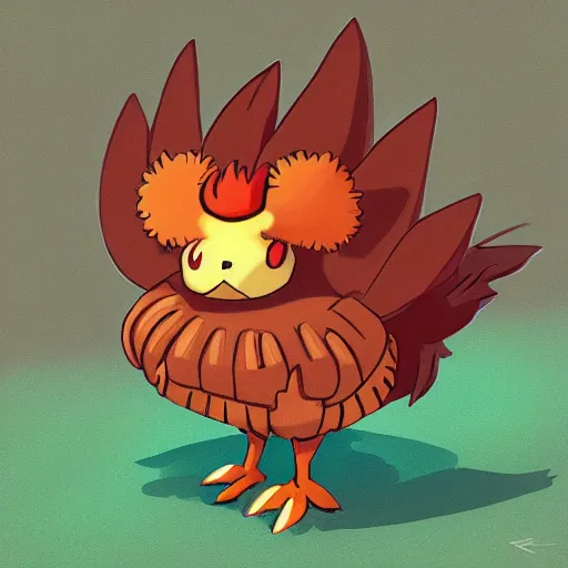 Image similar to A pokemon that looks like a rooster, The coconut shell wrapped around him,The rooster hides inside and sticks his head out to peek，Trending on art station. Unreal engine.