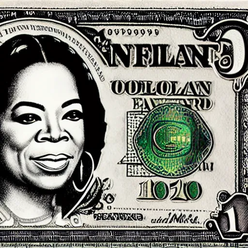 Image similar to an intricately detailed new dollar bill design featuring a portrait of Oprah Winfrey