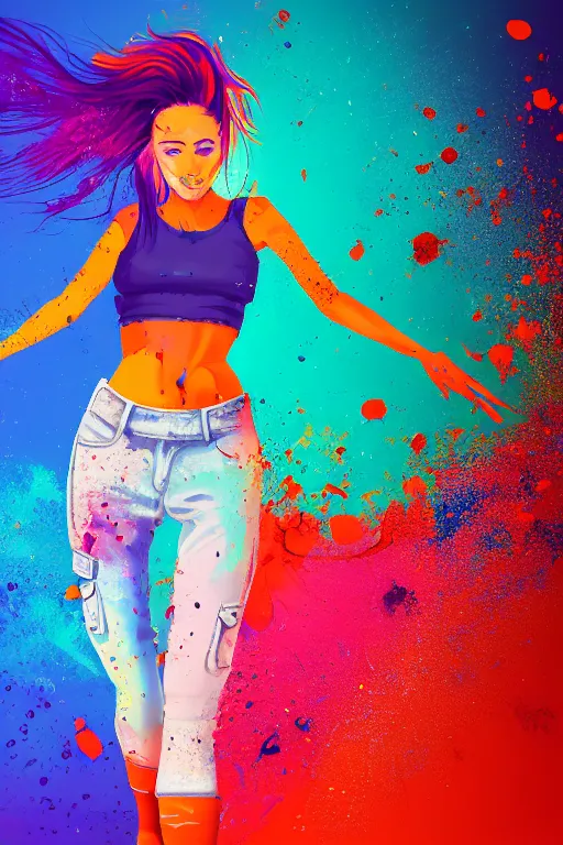 Image similar to a award winning half body portrait of a beautiful woman in a croptop and cargo pants with ombre orange blue teal hairstyle with head in motion and hair flying, paint splashes, splatter, outrun, vaporware, shaded flat illustration, digital art, trending on artstation, highly detailed, fine detail, intricate