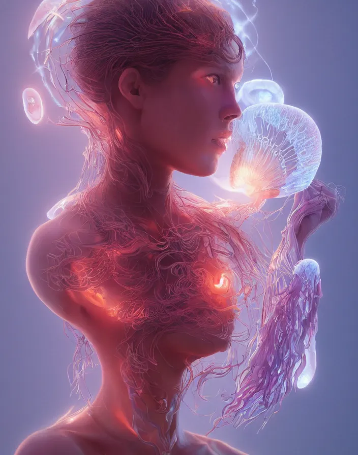 Image similar to goddess portrait. jellyfish phoenix head. intricate artwork by Tooth Wu and wlop and beeple. octane render, trending on artstation, greg rutkowski very coherent symmetrical artwork. cinematic, hyper realism, high detail, octane render, 8k