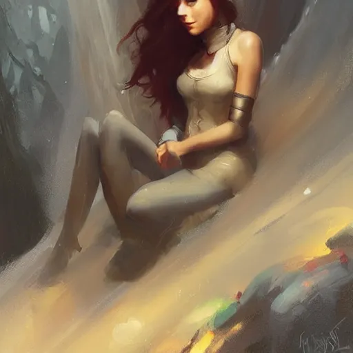 Prompt: girl wearing fantasy armor sitting near a fireplace, official art, by charlie bowater, by jeremy lipking, fantasy art, cozy cottage, anime inspired, detailed attractive girl, expressive oil painting