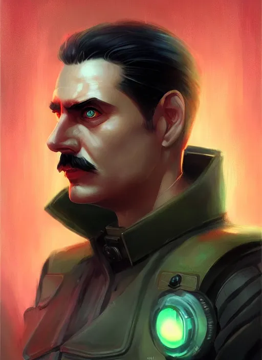 Image similar to « a portrait o cyberpunk joseph stalin, glowing eyes, a digital painting by charlie bowater, featured on cgsociety, fantasy art, behance hd, wiccan, artstation hd »