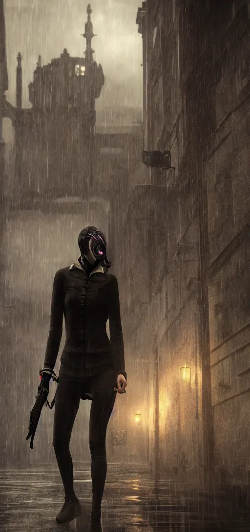 Prompt: annie leonhart in dunwall city wearing corvo attano's mask using blink, redshift render, cinematic lighting, rainy weather, melancholy atmosphere, dunwall city, volumetric light, octane render, dishonored game, dishonored 1, gothic architecture, realistic reflections, octane render 8 k, air shot