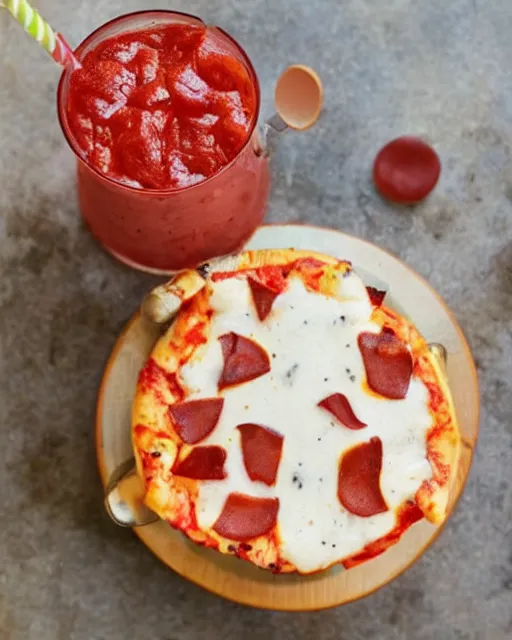 Prompt: a pizza milkshake, cookbook photo