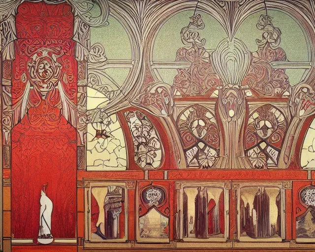 Image similar to mural from the early 1 9 0 0 s in the style of art nouveau, red curtains, art nouveau design elements, art nouveau ornament, brick wall, opera house architectural elements, mucha, masonic symbols, masonic lodge, ernst - ludwig - haus, darmstadt