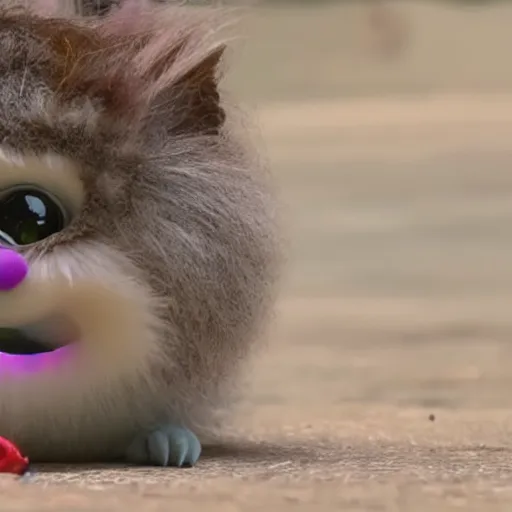 Image similar to trialcam footage of a long furby eating a squirrel