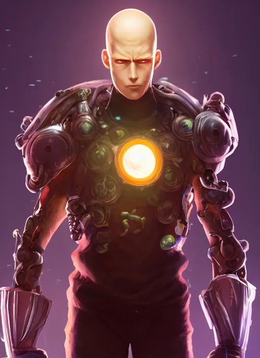 Image similar to biopunk portrait of saitama as a champion from league of legends, au naturel, hyper detailed, digital art, trending in artstation, cinematic lighting, studio quality, smooth render, unreal engine 5 rendered, octane rendered, art style by pixar dreamworks warner bros disney riot games and arcane.