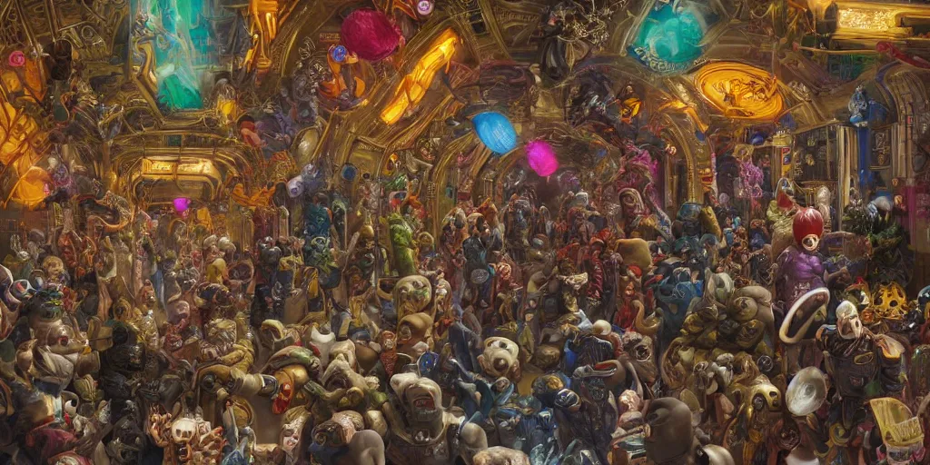 Image similar to the hallway of a space station crowded with strange characters and chaos, clown in the center of the hallway throwing a banana peel, insanely detailed and intricate, hypermaximalist, elegant, ornate, hyper realistic, super detailed, Art Deco, cinematic, trending on artstation, magic the gathering artwork, centered