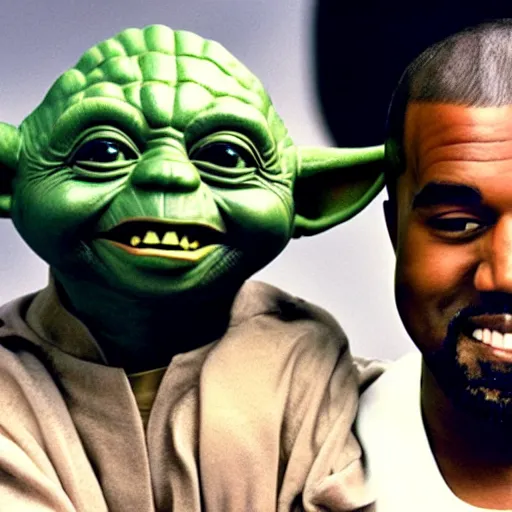Image similar to kanye west smiling and holding yoda for a 1 9 9 0 s sitcom tv show, studio photograph, portrait