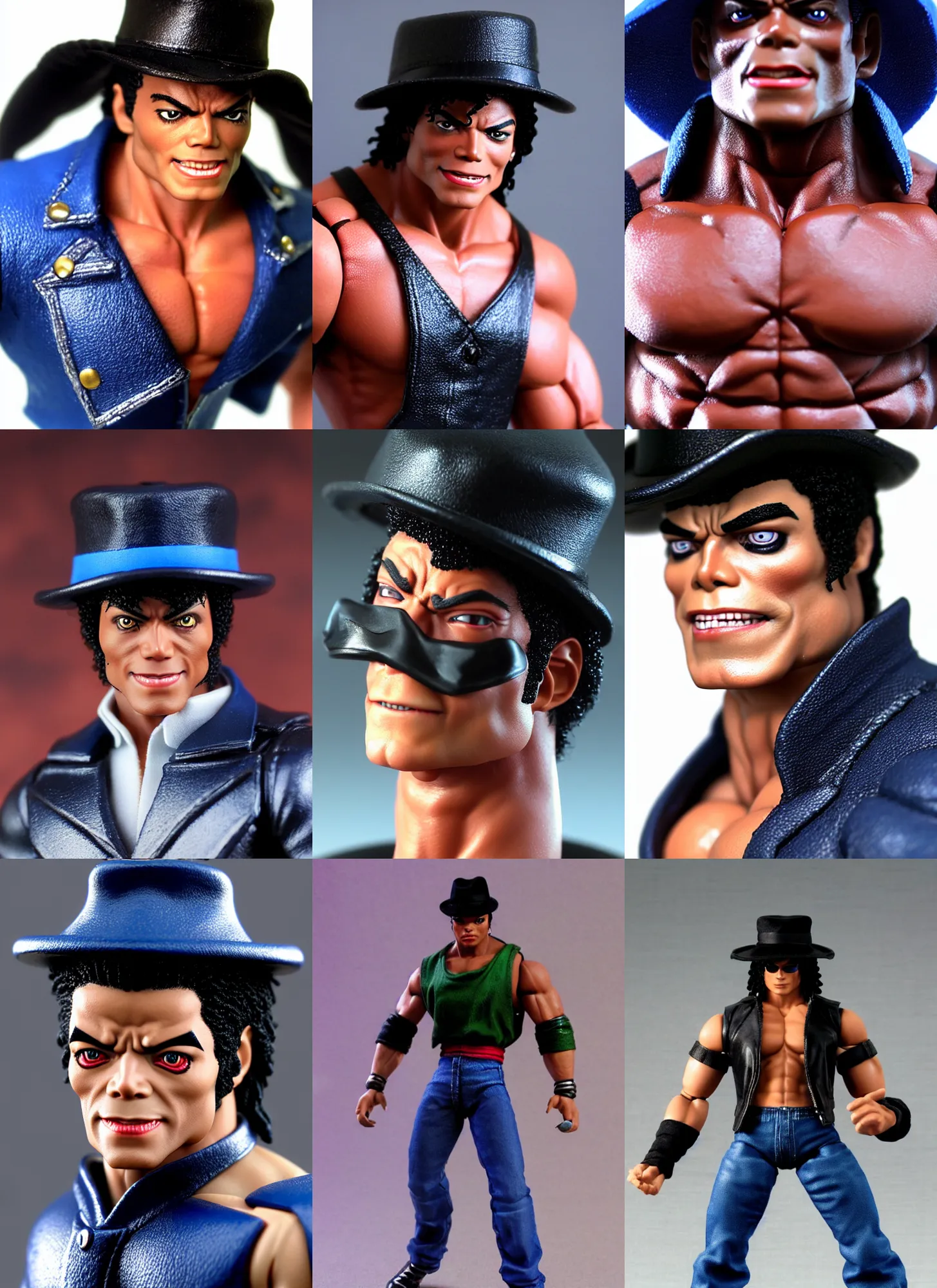 Prompt: macro head shot 8 5 mm of michael jackson oversized muscular hulked powerlifter with fedora hat by neca!!! pretty! beautiful! action pose shirtless muscular black pants blue military jacket very detailed realistic action figure by neca in the style of king of fighters, character from mortal kombat, film still, bokehs