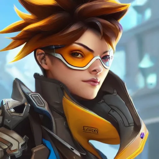 Prompt: tracer from overwatch, character portrait, close up, concept art, intricate details, highly detailed photorealistic in the style of marco plouffe keos masons, joel torres, seseon yoon, artgerm and warren louw