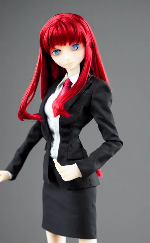 Prompt: dollfie in black office suit with skirt, red hair, blue eyes, fractal flame