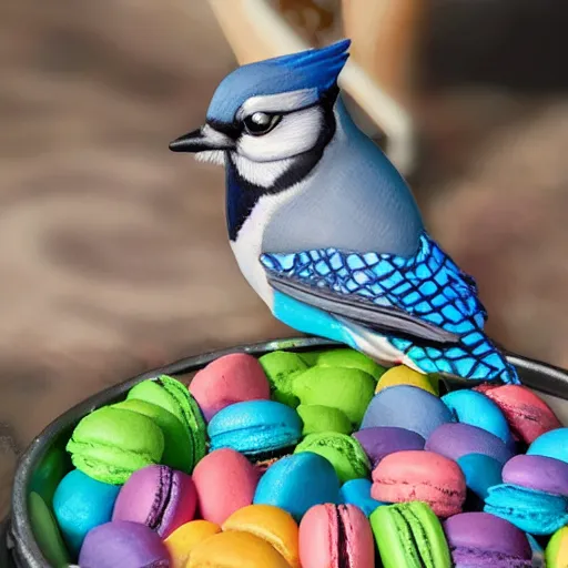 Image similar to A blue jay standing on a large basket of rainbow macarons.